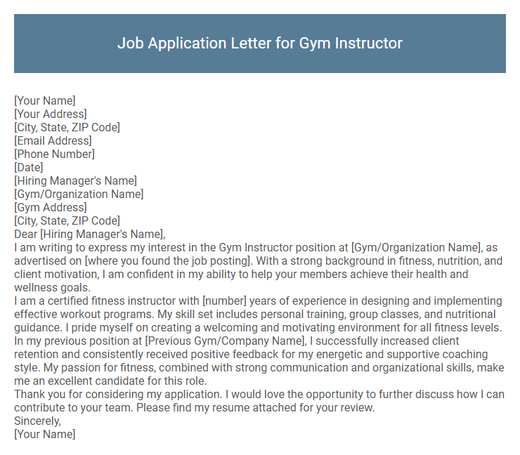 Job Application Letter for Gym Instructor