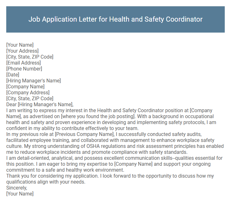 Job Application Letter for Health and Safety Coordinator