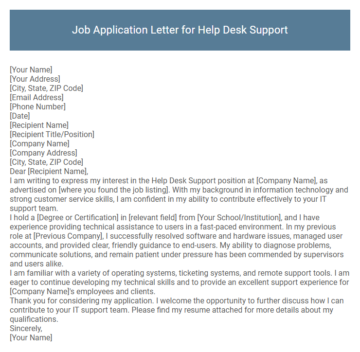 Job Application Letter for Help Desk Support