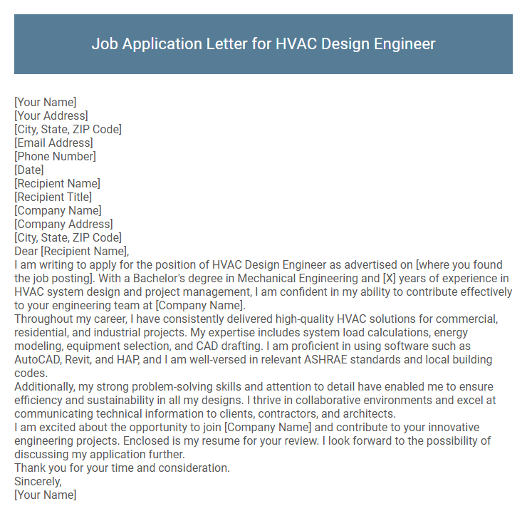 Job Application Letter for HVAC Design Engineer