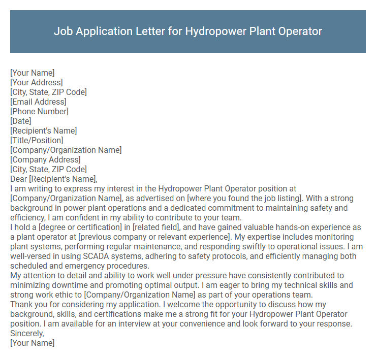 Job Application Letter for Hydropower Plant Operator