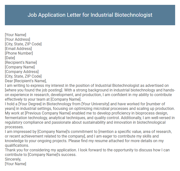Job Application Letter for Industrial Biotechnologist