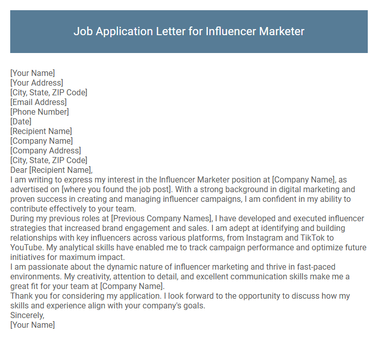 Job Application Letter for Influencer Marketer