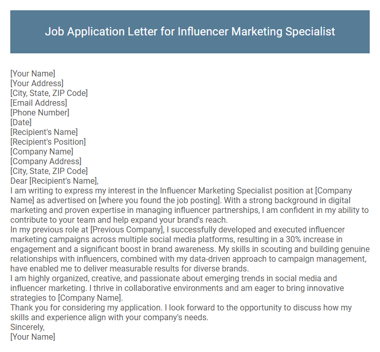 Job Application Letter for Influencer Marketing Specialist