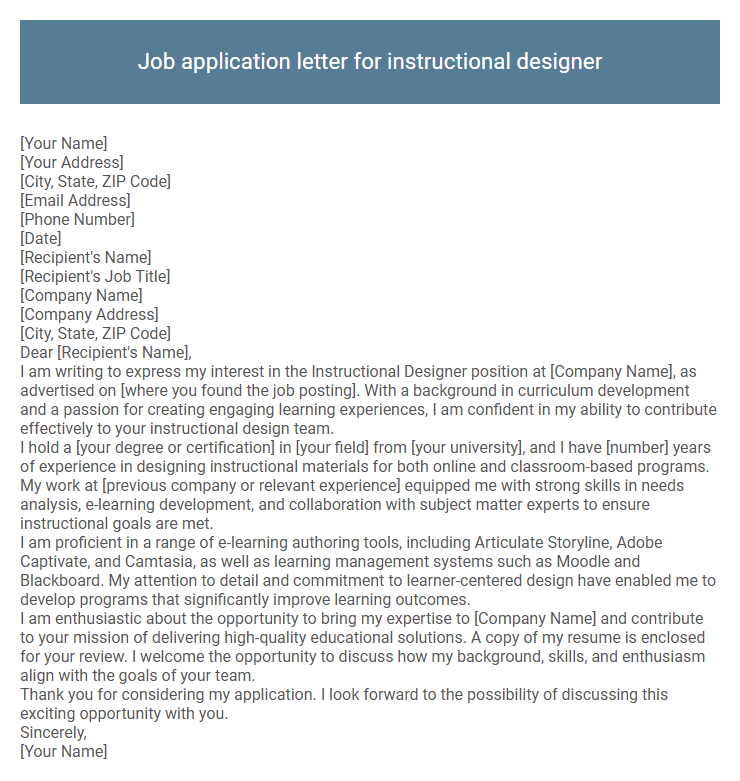 Job application letter for instructional designer