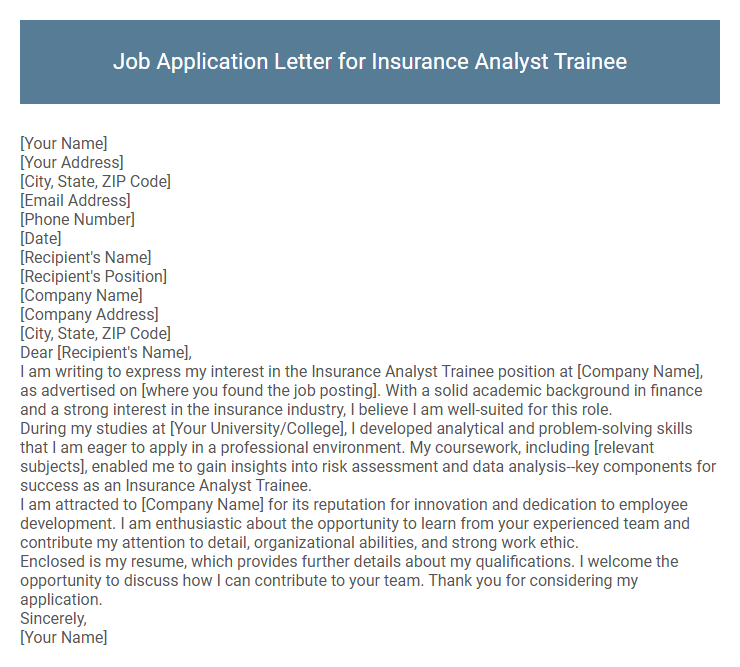 Job Application Letter for Insurance Analyst Trainee