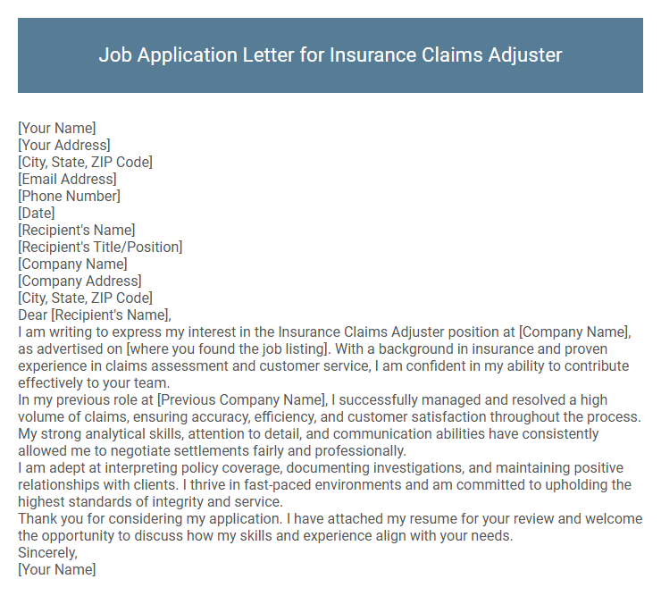Job Application Letter for Insurance Claims Adjuster