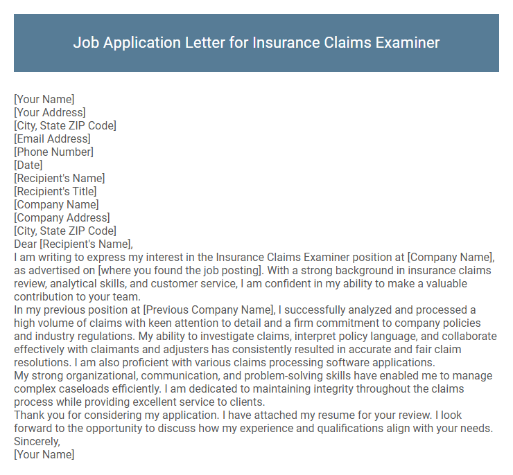 Job Application Letter for Insurance Claims Examiner