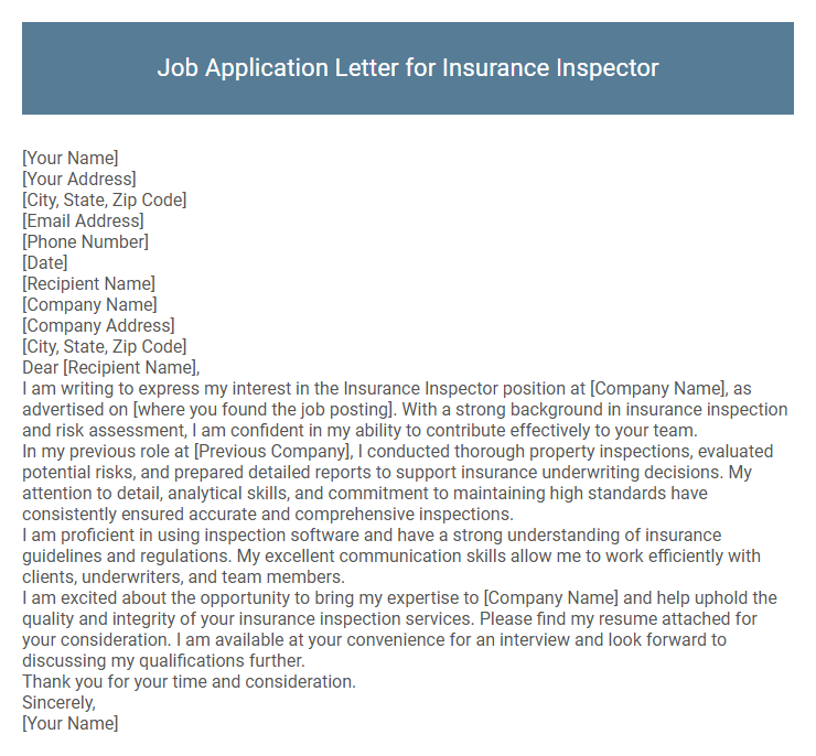 Job Application Letter for Insurance Inspector