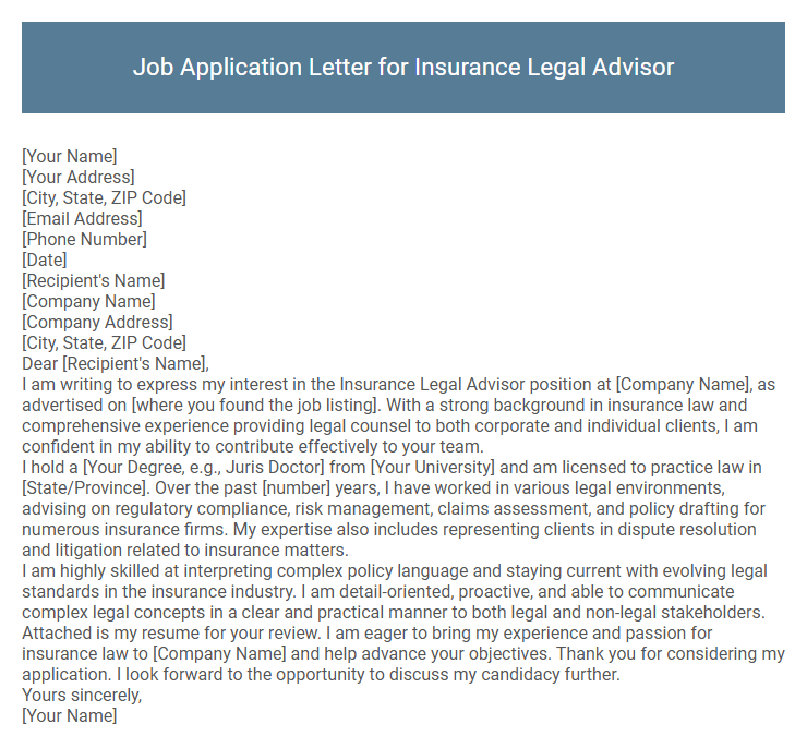 Job Application Letter for Insurance Legal Advisor
