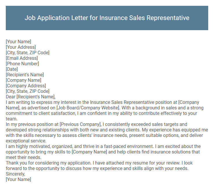 Job Application Letter for Insurance Sales Representative