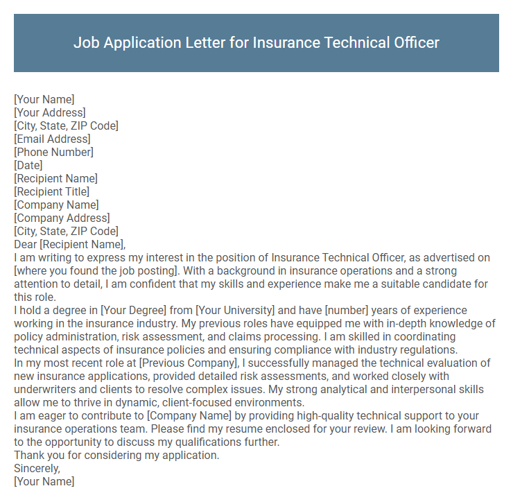 Job Application Letter for Insurance Technical Officer