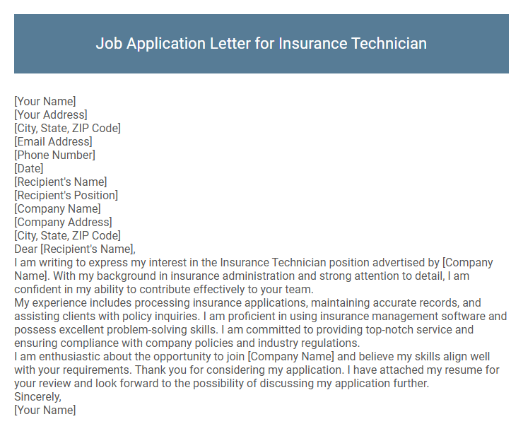 Job Application Letter for Insurance Technician