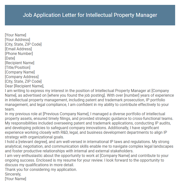 Job Application Letter for Intellectual Property Manager