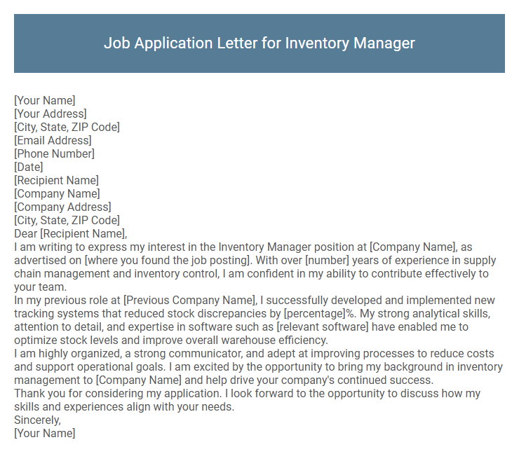 Job Application Letter for Inventory Manager