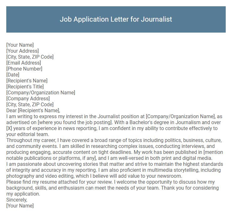 Job Application Letter for Journalist