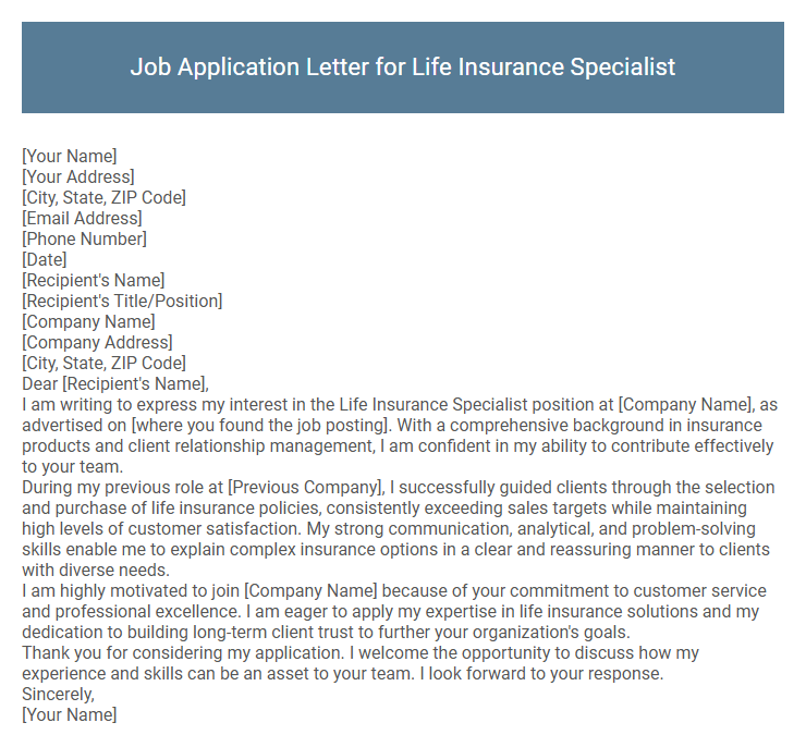 Job Application Letter for Life Insurance Specialist
