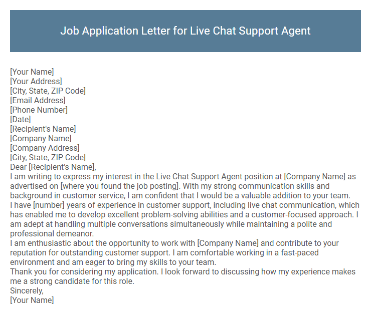 Job Application Letter for Live Chat Support Agent
