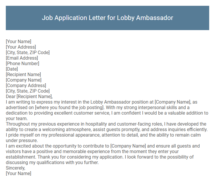 Job Application Letter for Lobby Ambassador