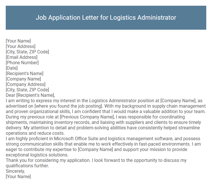 Job Application Letter for Logistics Administrator