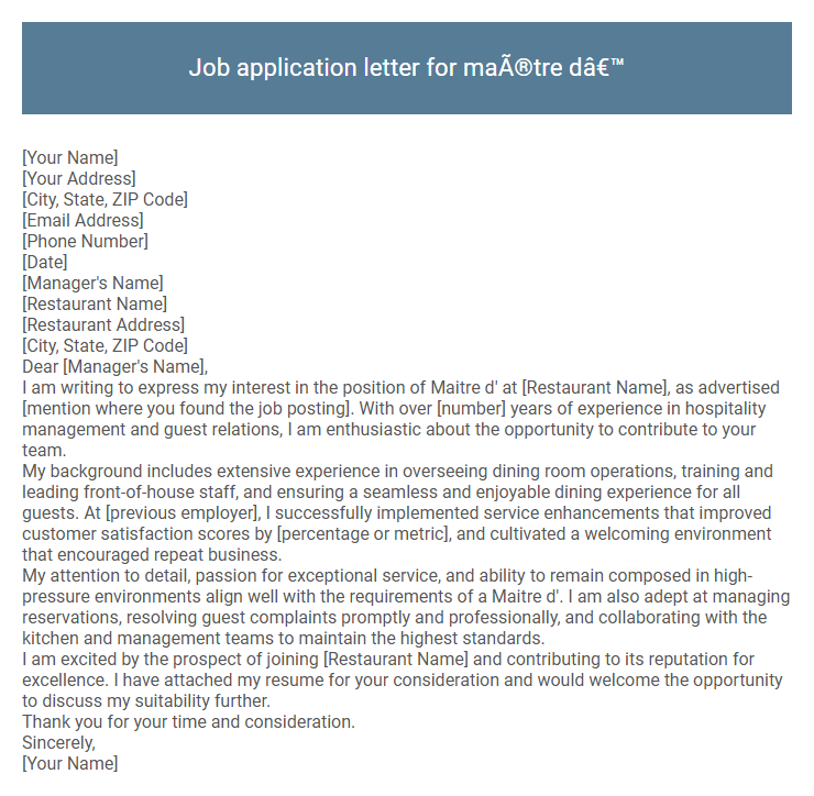 Job application letter for maître d'