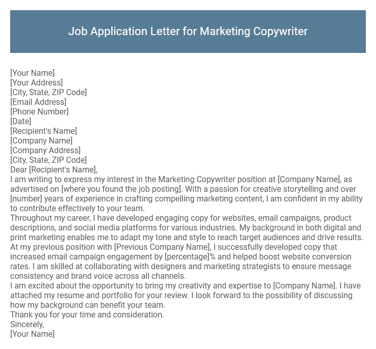Job Application Letter for Marketing Copywriter
