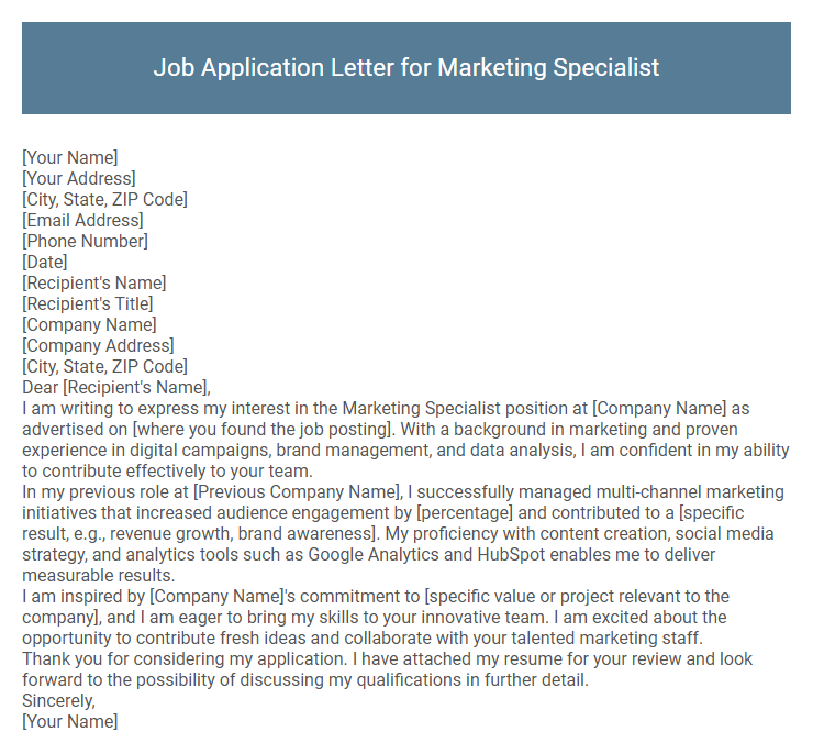 Job Application Letter for Marketing Specialist