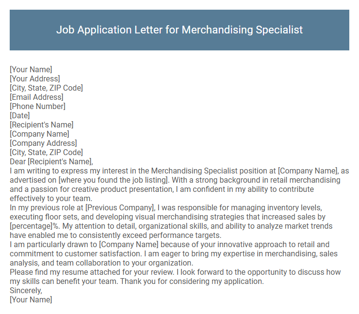Job Application Letter for Merchandising Specialist
