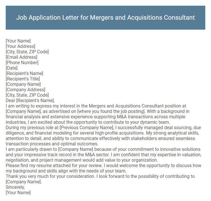 Job Application Letter for Mergers and Acquisitions Consultant