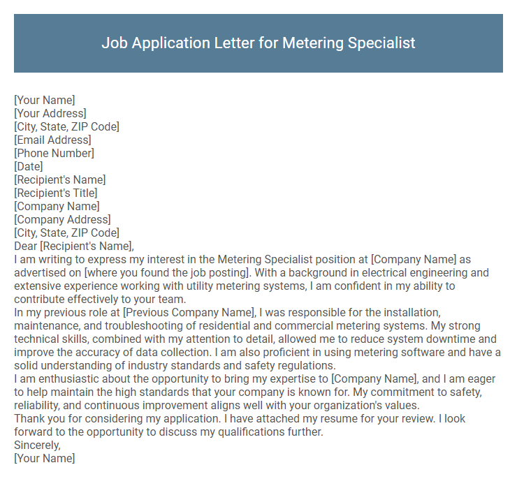 Job Application Letter for Metering Specialist