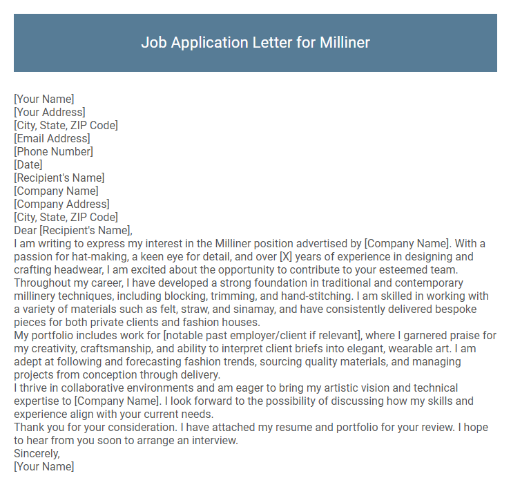 Job Application Letter for Milliner