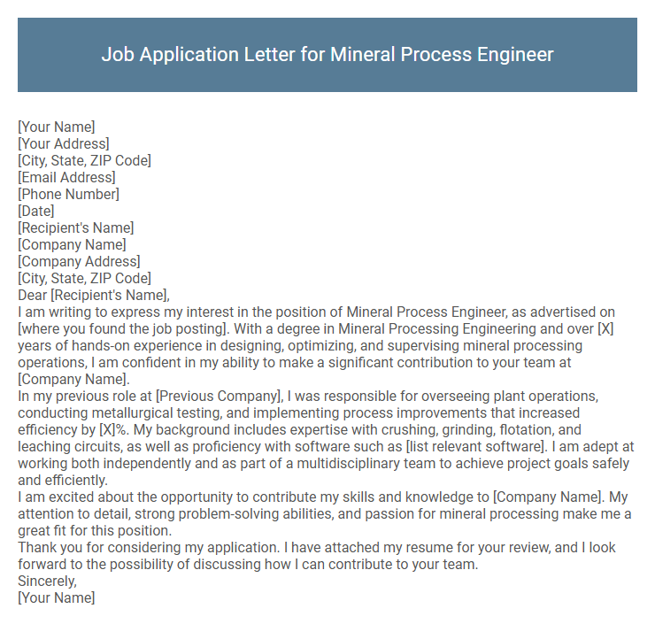 Job Application Letter for Mineral Process Engineer