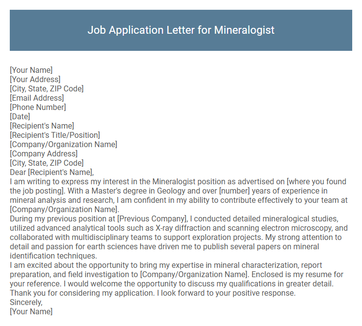 Job Application Letter for Mineralogist