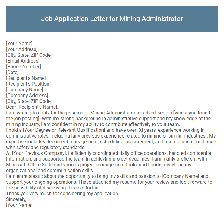 Job Application Letter for Mining Administrator