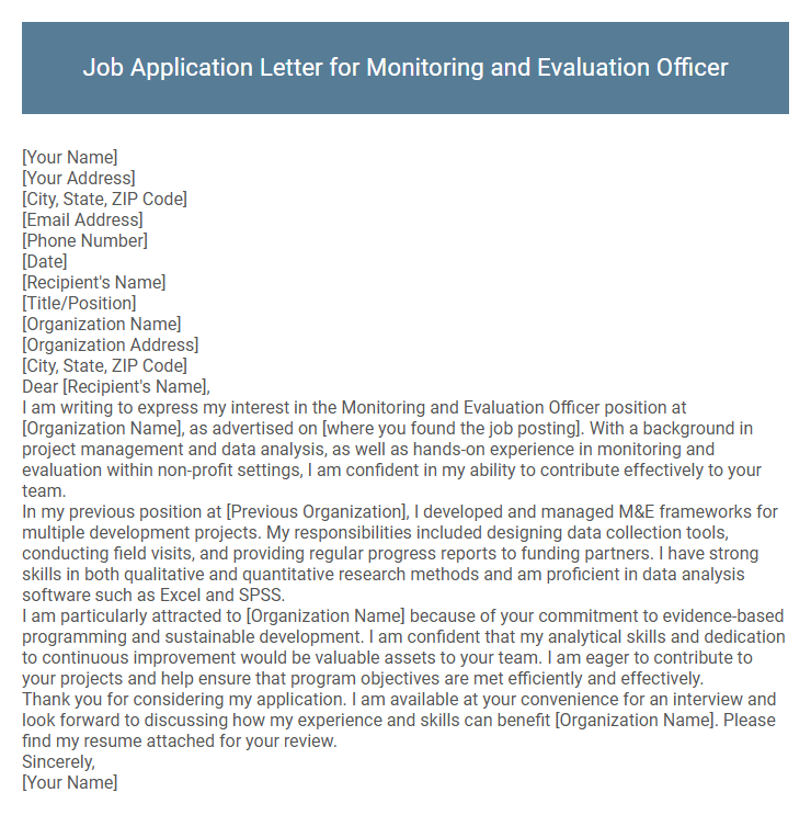 Job Application Letter for Monitoring and Evaluation Officer