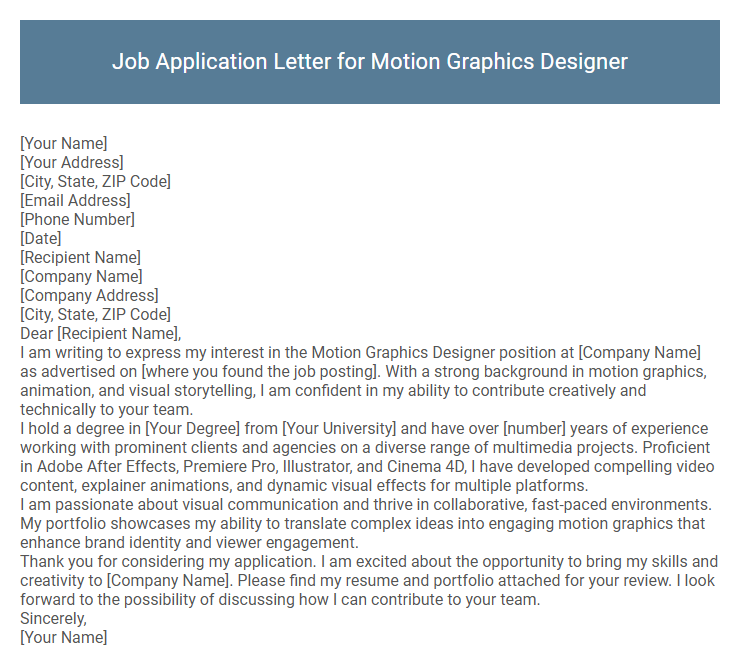 Job Application Letter for Motion Graphics Designer