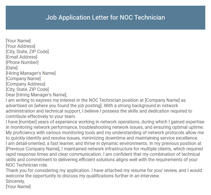 Job Application Letter for NOC Technician