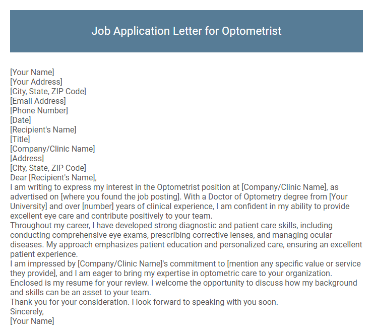 Job Application Letter for Optometrist