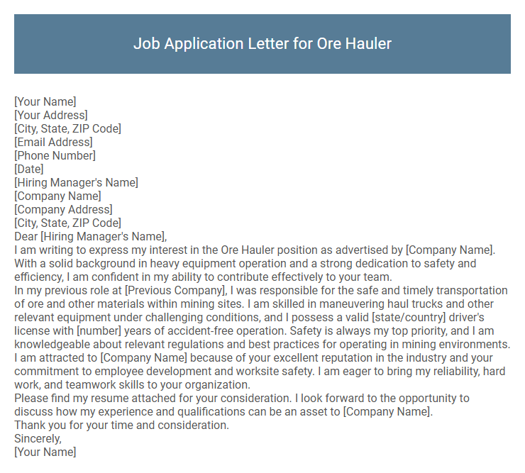 Job Application Letter for Ore Hauler