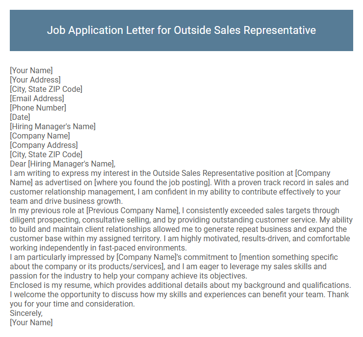 Job Application Letter for Outside Sales Representative