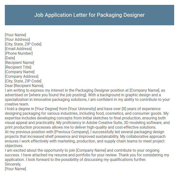Job Application Letter for Packaging Designer