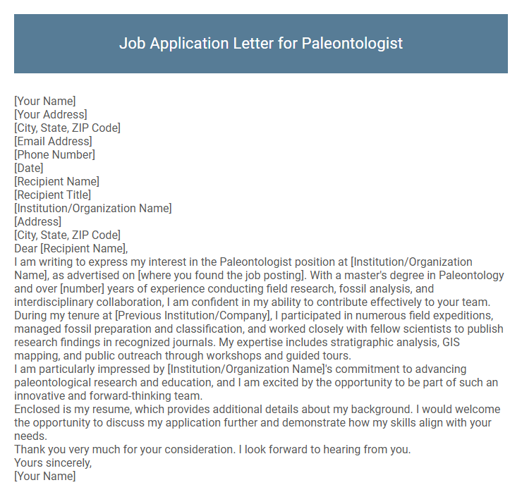 Job Application Letter for Paleontologist
