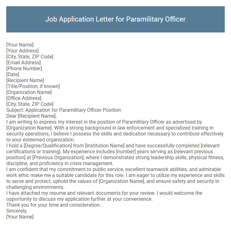 Job Application Letter for Paramilitary Officer