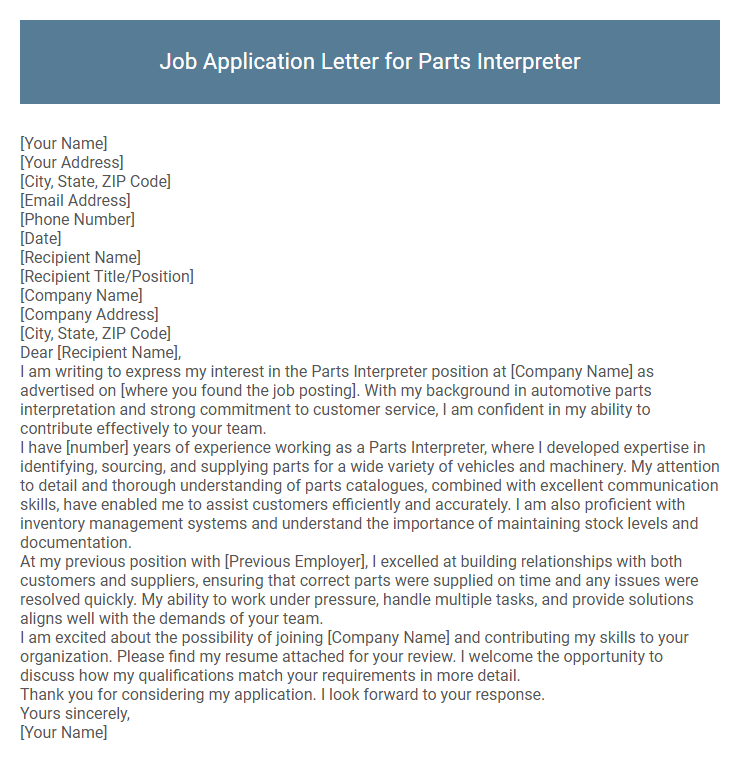 Job Application Letter for Parts Interpreter