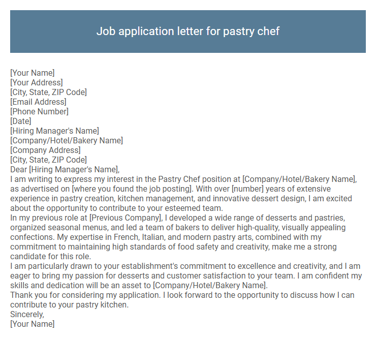 Job application letter for pastry chef