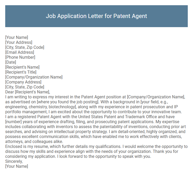 Job Application Letter for Patent Agent