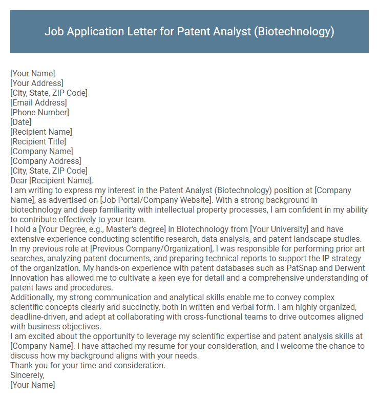 Job Application Letter for Patent Analyst (Biotechnology)