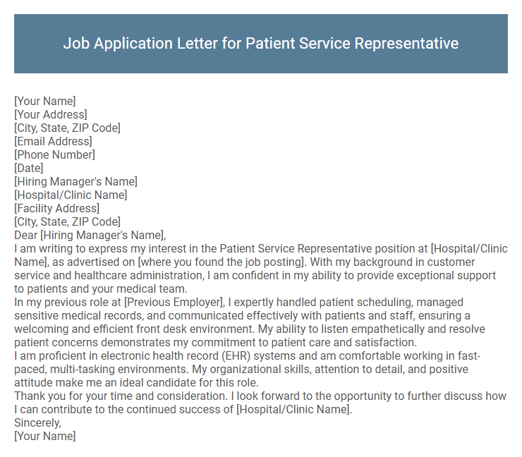 Job Application Letter for Patient Service Representative