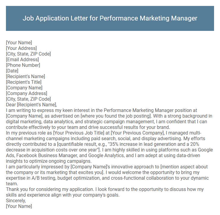 Job Application Letter for Performance Marketing Manager
