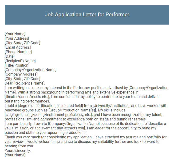 Job Application Letter for Performer